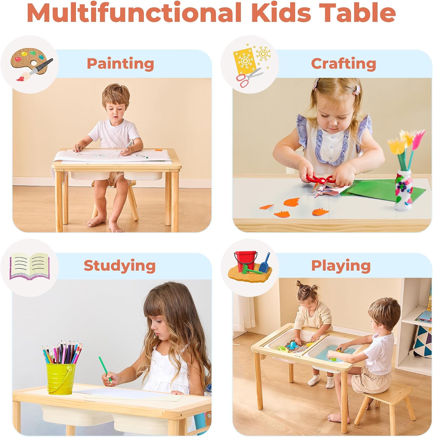 Bateso Sand and Water Table for Toddlers with 2 Storage Bins, Wooden Activity Table with Double-Sided Boards, Sensory Table, Indoor & Outdoor Use