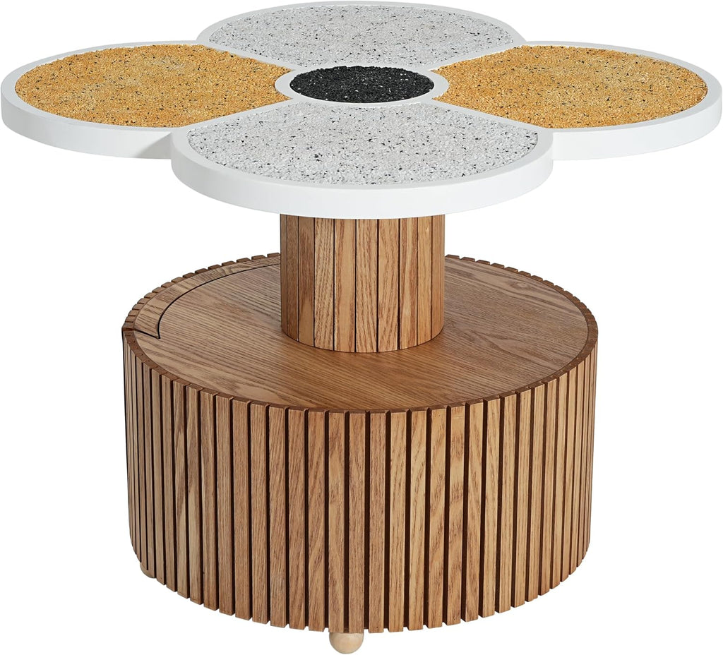 Unique Four-Petal Accent Table with Storage Drawer, Nordic Style Round Side Table for Living Room Bedroom, Compact End Table with Wood-Grain Base, Small Nightstand for Small Spaces