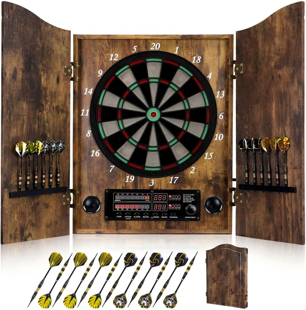 Electronic Dart Board, Decorative Dart Board Cabinet for Adults | [12*Bronze Soft Tip Darts] [Cricket Game Mode]- Wooden Electric Dartboard Cabinet for Family Game Rooms [VINTAGE]