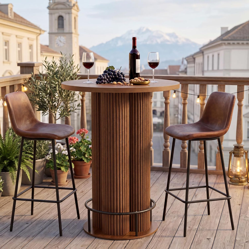 Bar Table, 39.37" H Round Bistro Table Fluted Pub Table with Base & Metal Ring Footrest Wood Cocktail Desk for Patio, Coffee House, Living Room, Kitchen, Small Space [Chairs Not Included]