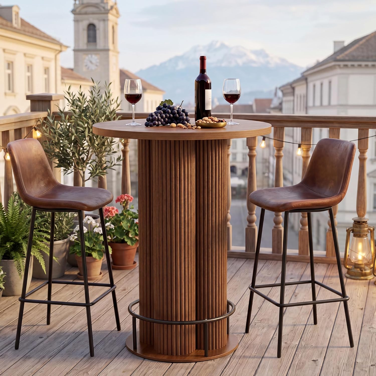 Bar Table, 39.37" H Round Bistro Table Fluted Pub Table with Base & Metal Ring Footrest Wood Cocktail Desk for Patio, Coffee House, Living Room, Kitchen, Small Space [Chairs Not Included]