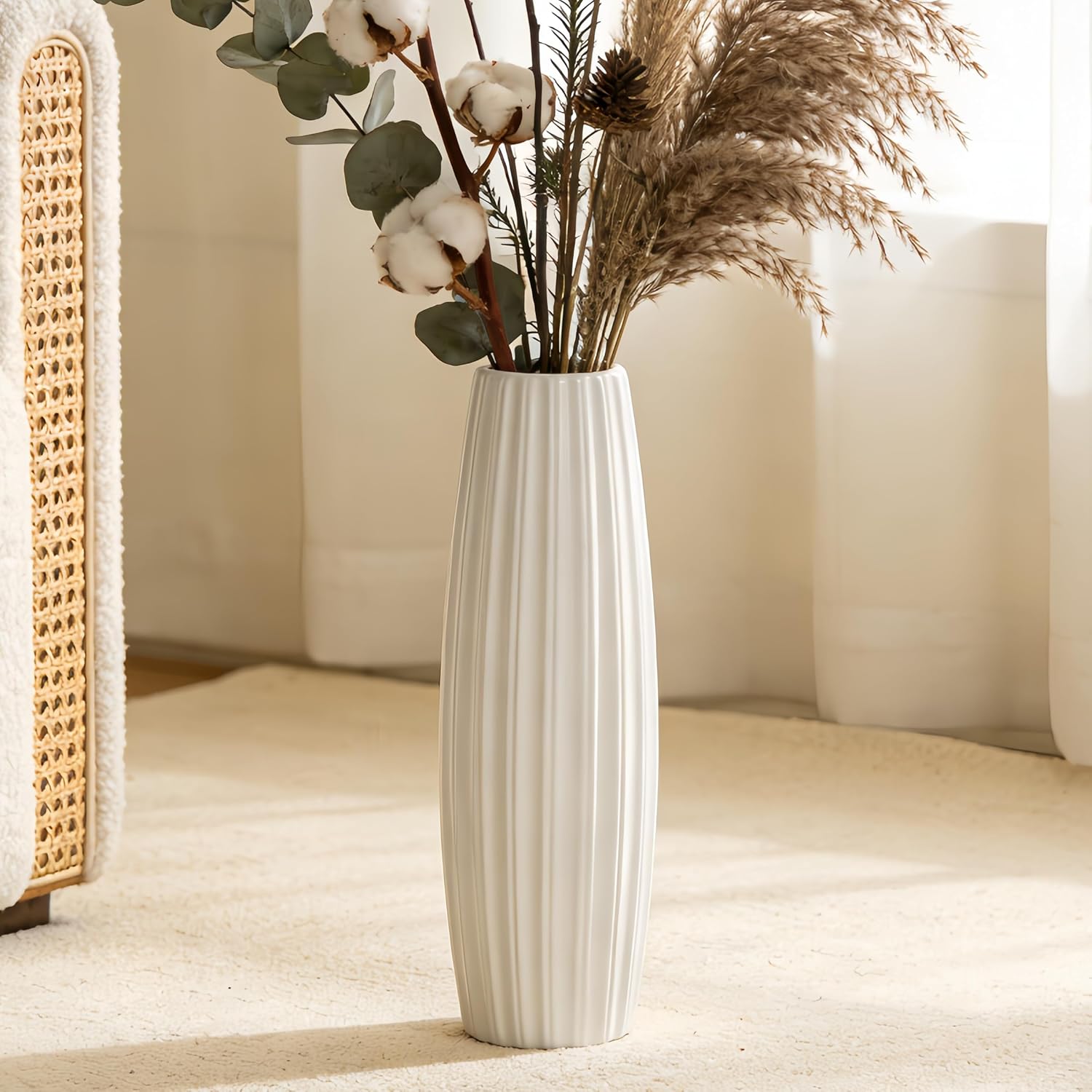 Large Floor Ceramic Vase 17.7 Inches Tall,White Modern Flower Tall Vases for Office, Home,Farmhouse,Living Room Décor,Simple Origami Design Fall Decorative Porcelain Flower Arrangement Vase Ideal Gift