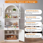 75" Farmhouse Tall Arched Pantry Cabinet with Charging Station & Bar, White | Adjustable Shelves, Open Countertop for Coffee Bar, empered Glass Door, Barn Door Lower Cabinet, Smooth-Glide Drawer