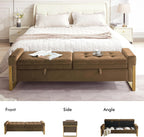 67" End of Bed Bench King Size, Velvet Storage Bench for Bedroom Foot of Bed, Double Lids Storage Bench with Golden Legs, Upholstered Ottoman Bench for Living Room Window Entryway, Brown