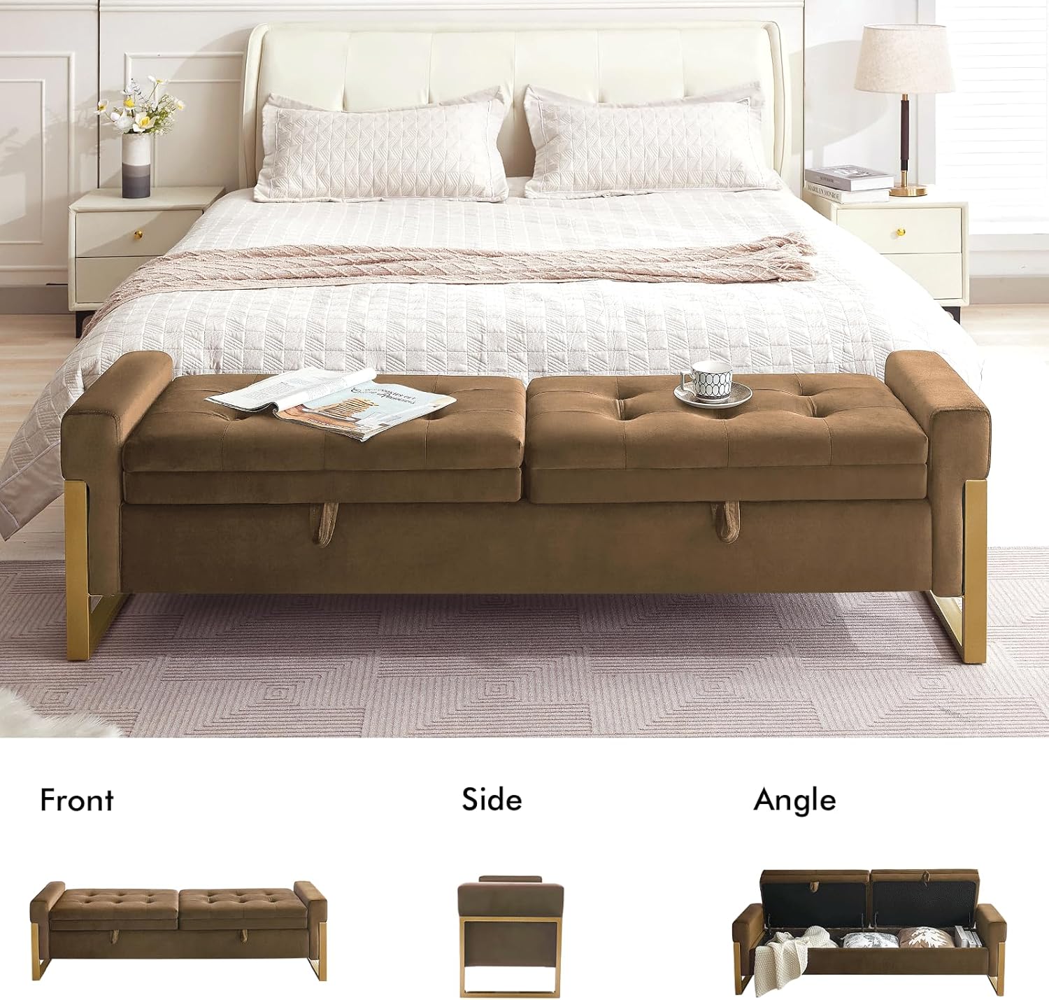 67" End of Bed Bench King Size, Velvet Storage Bench for Bedroom Foot of Bed, Double Lids Storage Bench with Golden Legs, Upholstered Ottoman Bench for Living Room Window Entryway, Brown