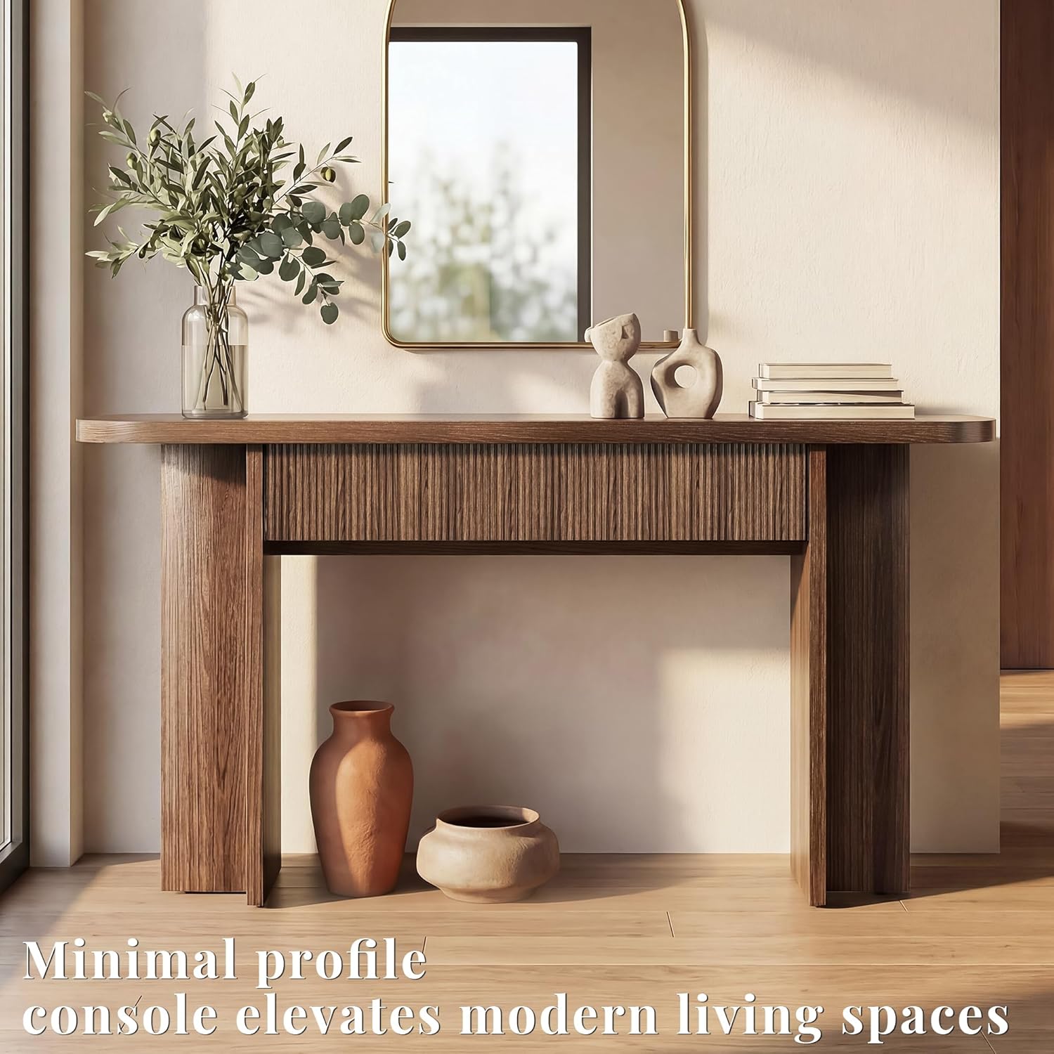 63 Inch Fluted Console Table with Drawers, Entryway Table with Storage, Modern Rounded Hallway Table for Narrow Spaces（Brown）