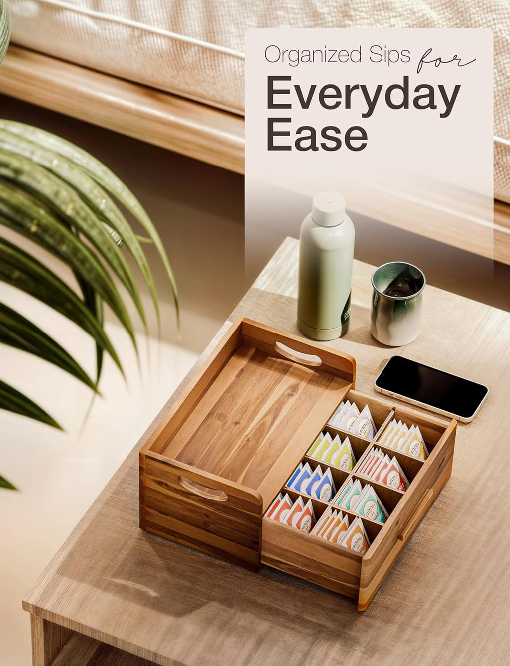 Tinamo Acacia Wooden Tea Box Organizer with Drawer – Tea Chest for Tea Bags Storage – Tea and Coffee Organizer - Wooden Tea Tray and Containers for Countertop Display (Acacia)
