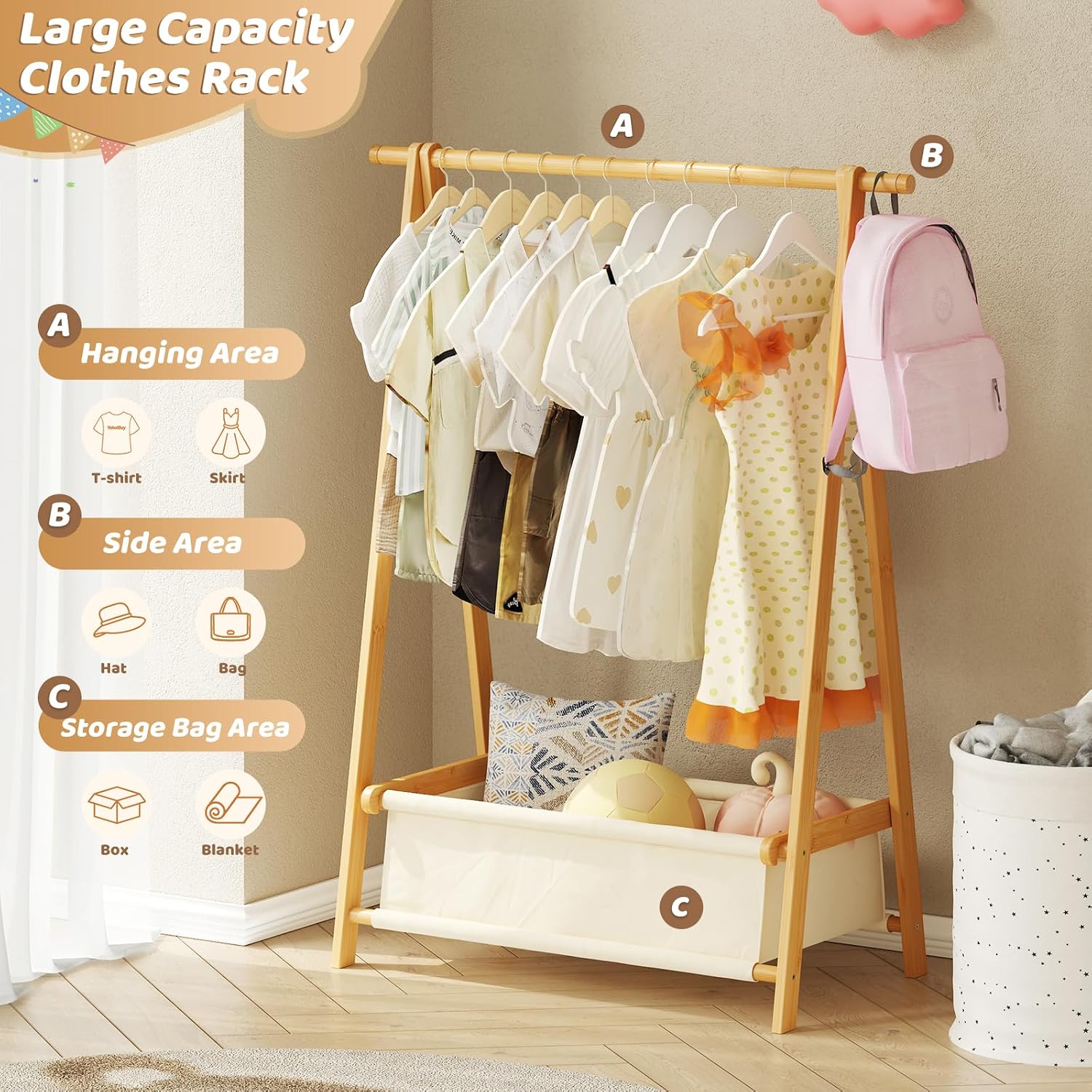 Dress Up Rack - Clothing Rack with Storage Box, Dress Up Storage, Small Foldable Bamboo Garment Stand with Hanging Rods, Dress Up Holder