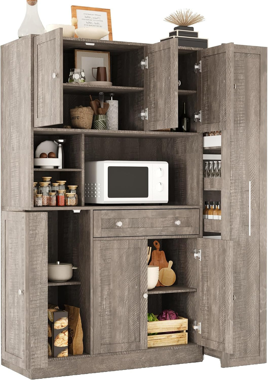 Virubi 70" Large Kitchen Pantry Storage Cabinet with Doors and Shelves, Wood Farmhouse Tall Buffet Cabinet with Hutch and Drawers, Large Cupboard with Pull-Out Side Cabinet, Freestanding (Brown)