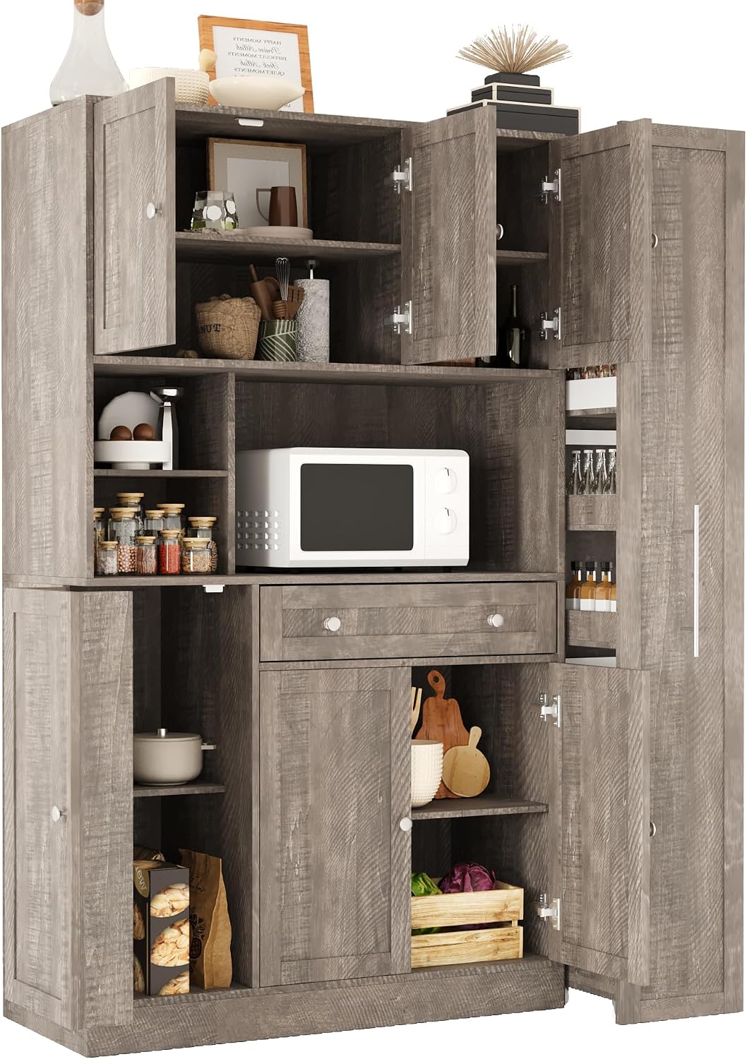 Virubi 70" Large Kitchen Pantry Storage Cabinet with Doors and Shelves, Wood Farmhouse Tall Buffet Cabinet with Hutch and Drawers, Large Cupboard with Pull-Out Side Cabinet, Freestanding (Brown)