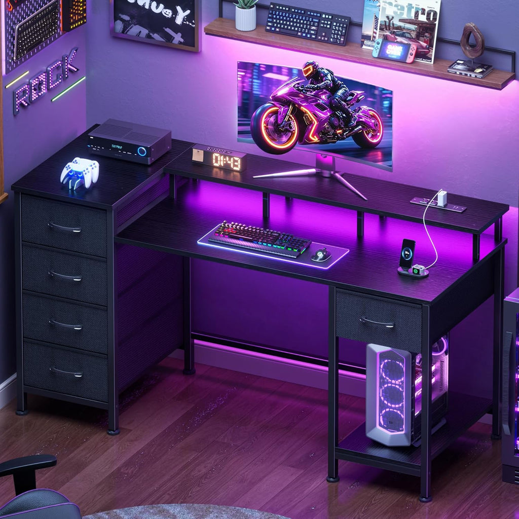 Korfile 47 Inch Gaming Desk with Power Outlets and LED Lights, Reversible Computer Desk with 5 Fabric Storage Drawers, Home Office Desk with Monitor Stand for Working Writing Study, Black