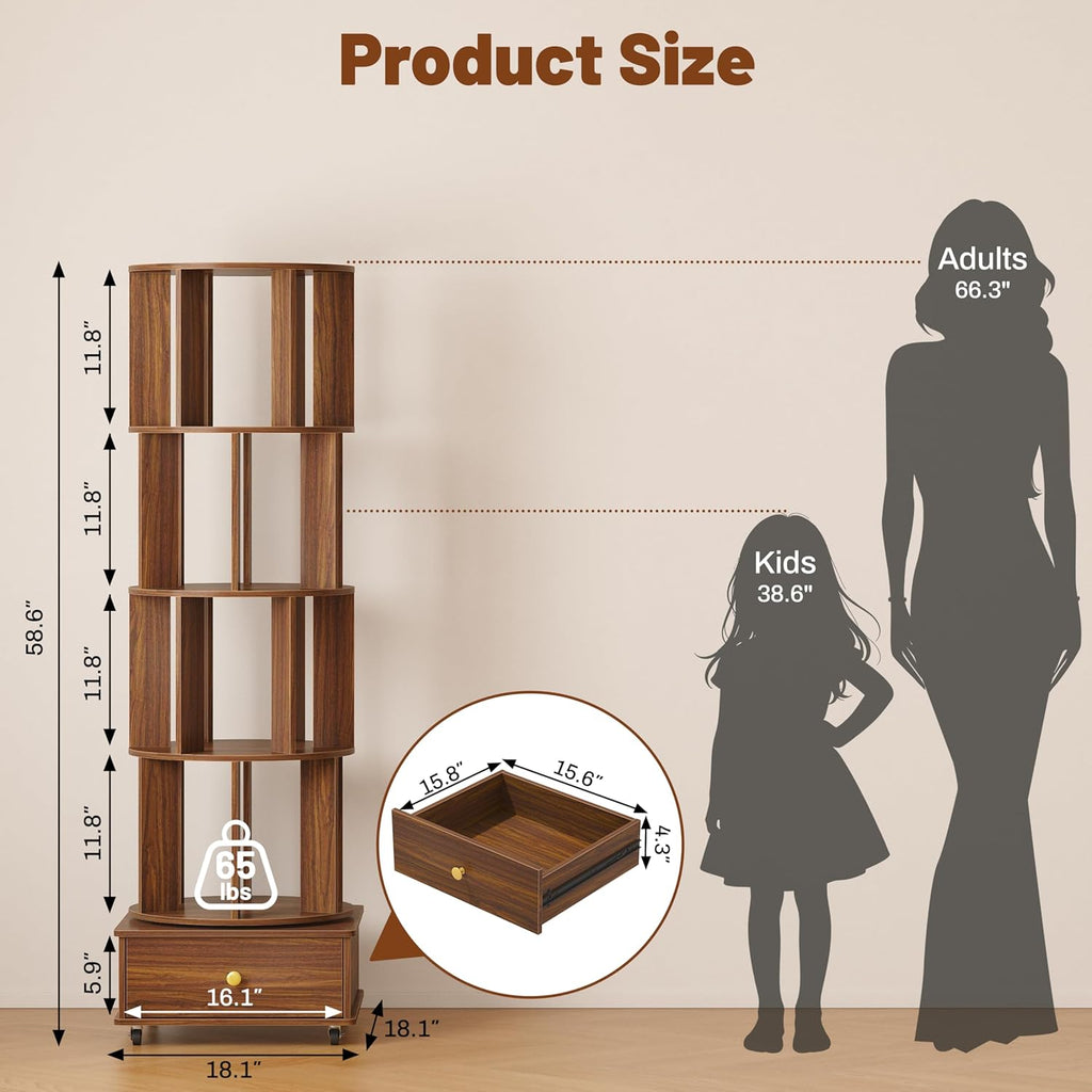 4 Tier Wood Rotating Bookshelf, 360° Spinning Bookshelf Tower with Lockable Wheels, Round Revolving Bookcase for Bedroom, Small Space, Corner, Office, Reading Nooks, Hallways, Walnut
