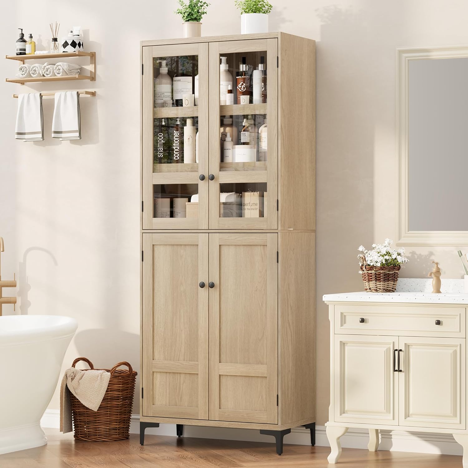 GarveeHome 71 in Tall Storage Cabinet, Kitchen Pantry Cabinet 5 Tier Bathroom Cabinet with 4 Doors Adjustable Shelves for Kitchen, Dining Room, Bathroom (Pear Wood, Glass with 4 Doors)