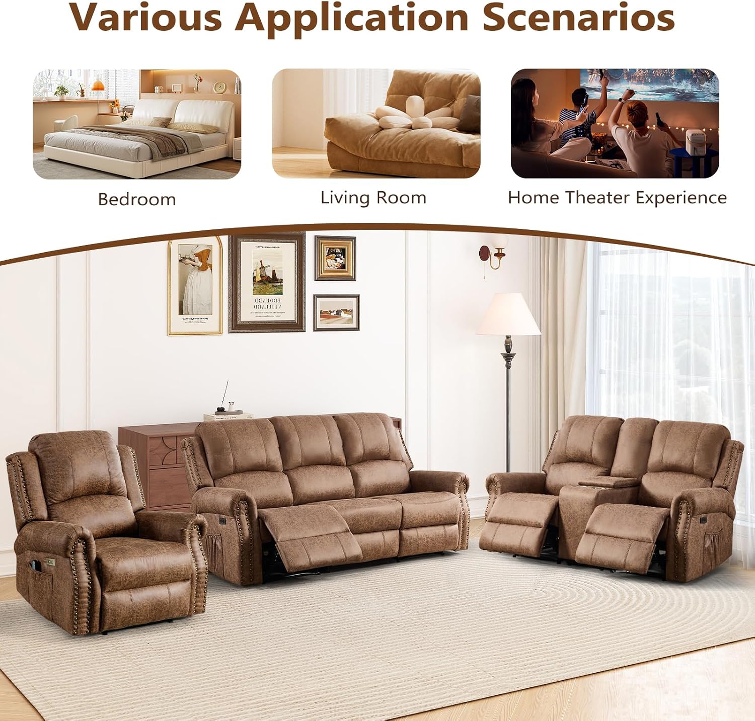 HAOMARKETS 3-Piece Power Reclining Sofa Set with Rivets, Included Electric Massage Recliners, Loveseat Couch with Console and 3-Seater Recliner Sofa, Faux Leather Living Room Furniture Set, Brown
