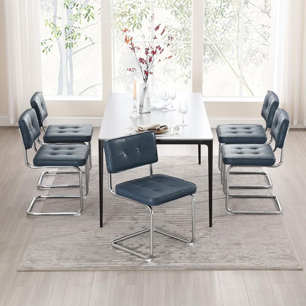 Zesthouse Faux Leather Dining Chairs Set of 6, Industrial Metal Chairs with Stainless Chrome Legs, Mid Century Modern Cesca Chair for Kitchen & Dining Living Room, Upholstered Armless Chair, Blue
