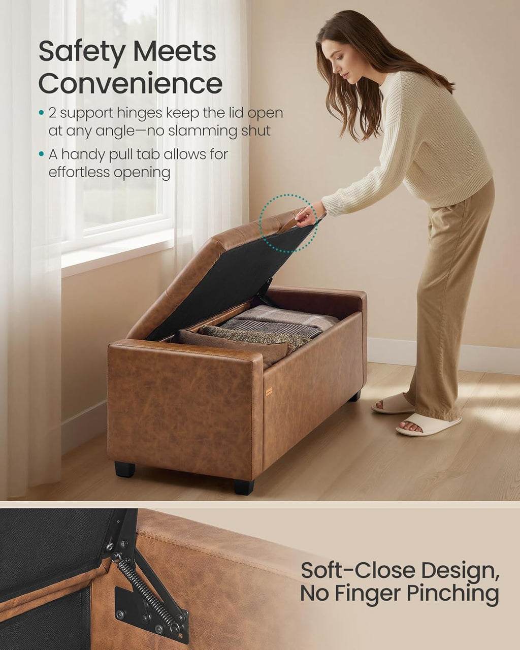 SONGMICS Storage Ottoman, Storage Chest Bench with Legs, End of Bed Bench with Safety Hinges, Pull Tab, for Living Room, Bedroom, 19.7 x 47.6 x 16.5 Inches, Synthetic Leather, Coffee Brown ULOM521KQ01