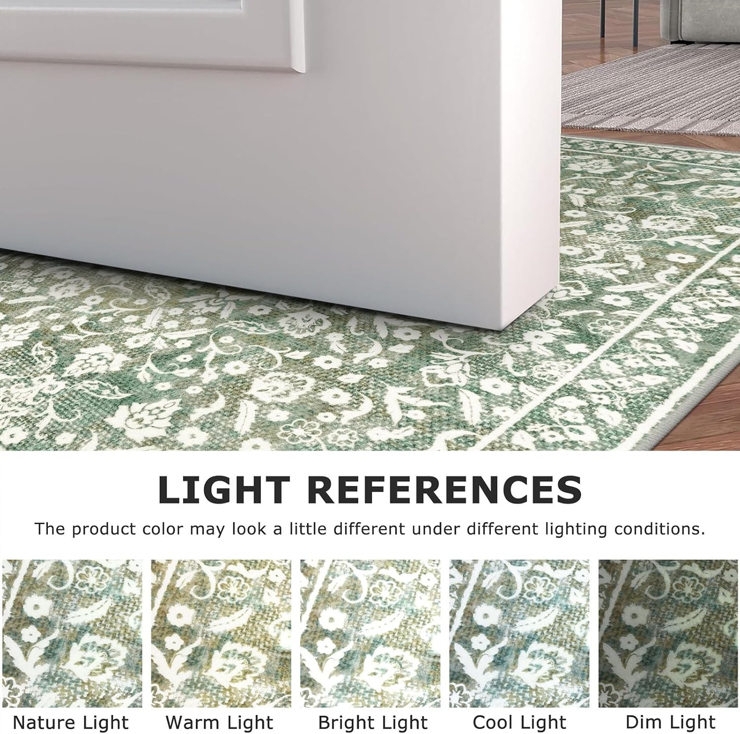 Vintage Washable Runner Rug 2x6, Sage Green Beige Runners for hallways, Super Soft Kitchen Runner Rug Non Slip, Printed Faux Wool Floral Thin Carpet Runner for Entryway Laundry Room Bedroom