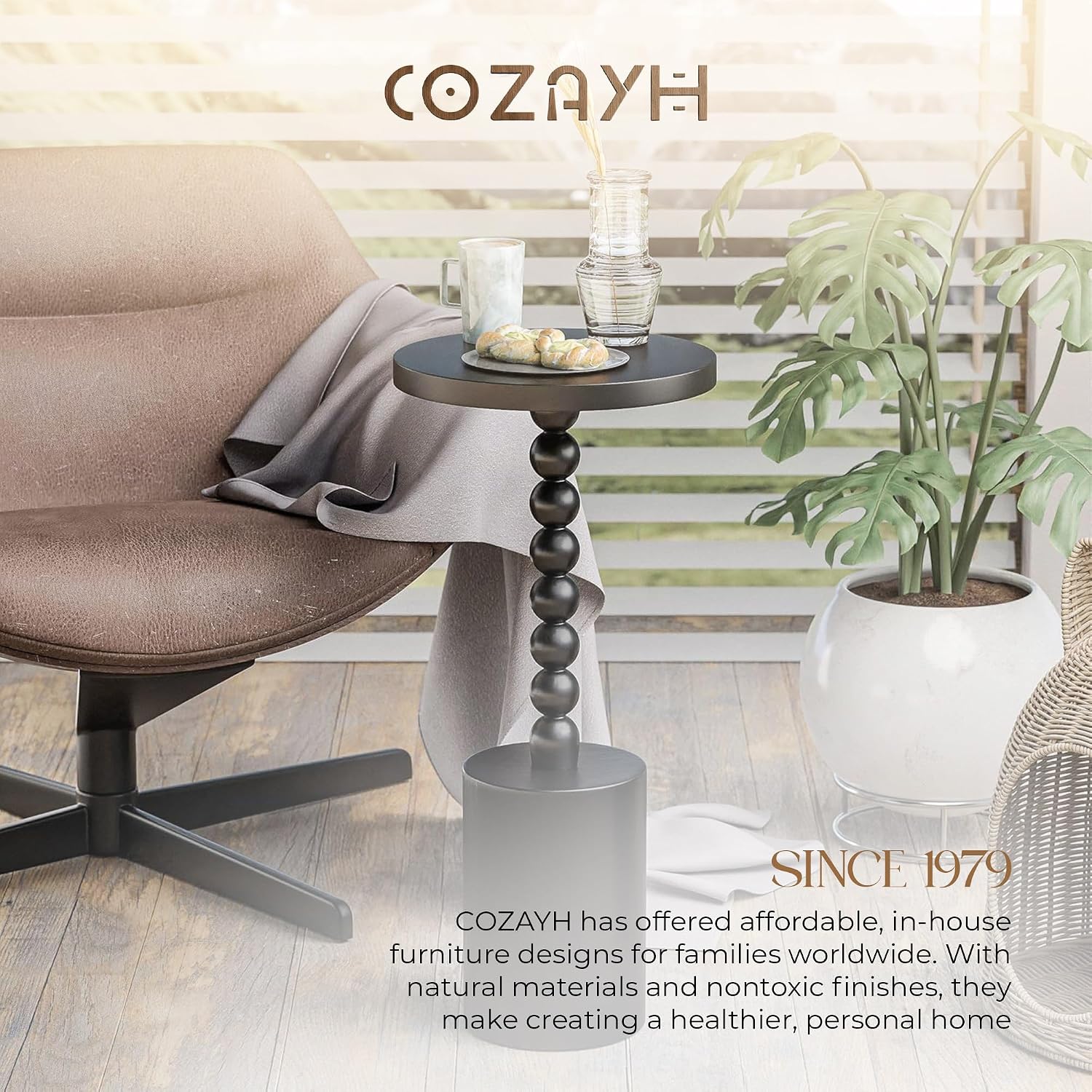COZAYH Farmhouse Pedestal End Table, Rustic Wood Drink Table with Base, Round Martini Table for Small Space Living Room, Bedroom, Black