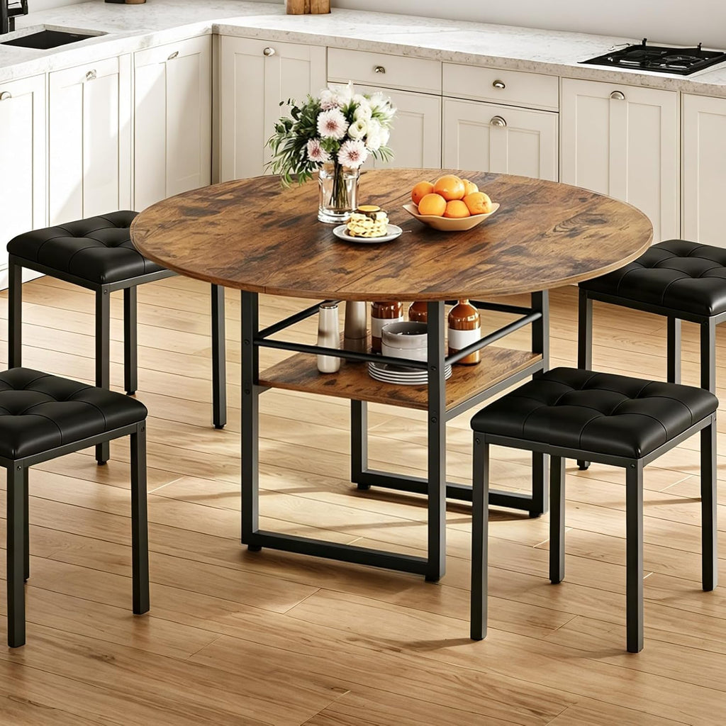 RALGEND 47.2" Round Dining Table for 4，Farmhouse Wooden Kitchen Table with Storage, Space Saving Circle Dinner Table with Metal Legs, for Dining Room, Living Room, Kitchen, Rustic Brown and Black