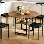 RALGEND 47.2" Round Dining Table for 4，Farmhouse Wooden Kitchen Table with Storage, Space Saving Circle Dinner Table with Metal Legs, for Dining Room, Living Room, Kitchen, Rustic Brown and Black