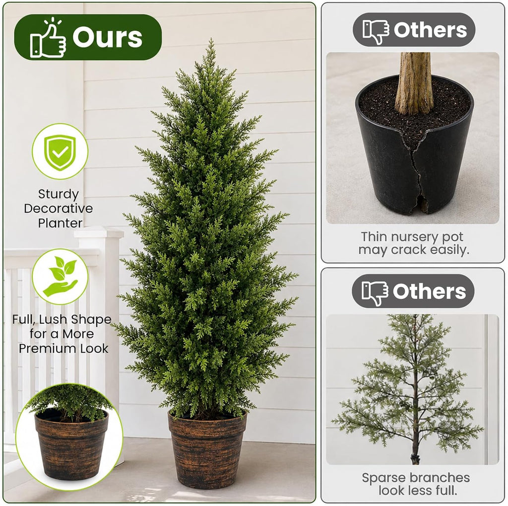 4FT Artificial Topiary Cedar Trees Outdoor, Realistic Faux Pine Shrubs Plants, UV Resistant Fake Evergreen Plants for Front Porch Decor, Artificial Bushes Cypress for Home Offices, Set of 2