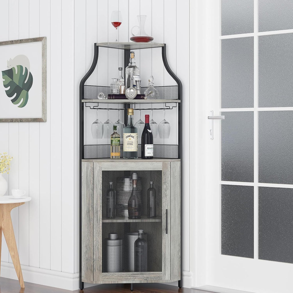IDEALHOUSE Corner Wine Bar Cabinet with Large Storage Space and Detachable Wine Rack, Bar Cabinet with Glass Holder and Mesh Door, 4-Tier Liquor Cabinet Bar, Grey