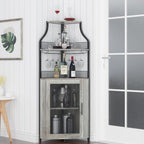 IDEALHOUSE Corner Wine Bar Cabinet with Large Storage Space and Detachable Wine Rack, Bar Cabinet with Glass Holder and Mesh Door, 4-Tier Liquor Cabinet Bar, Grey