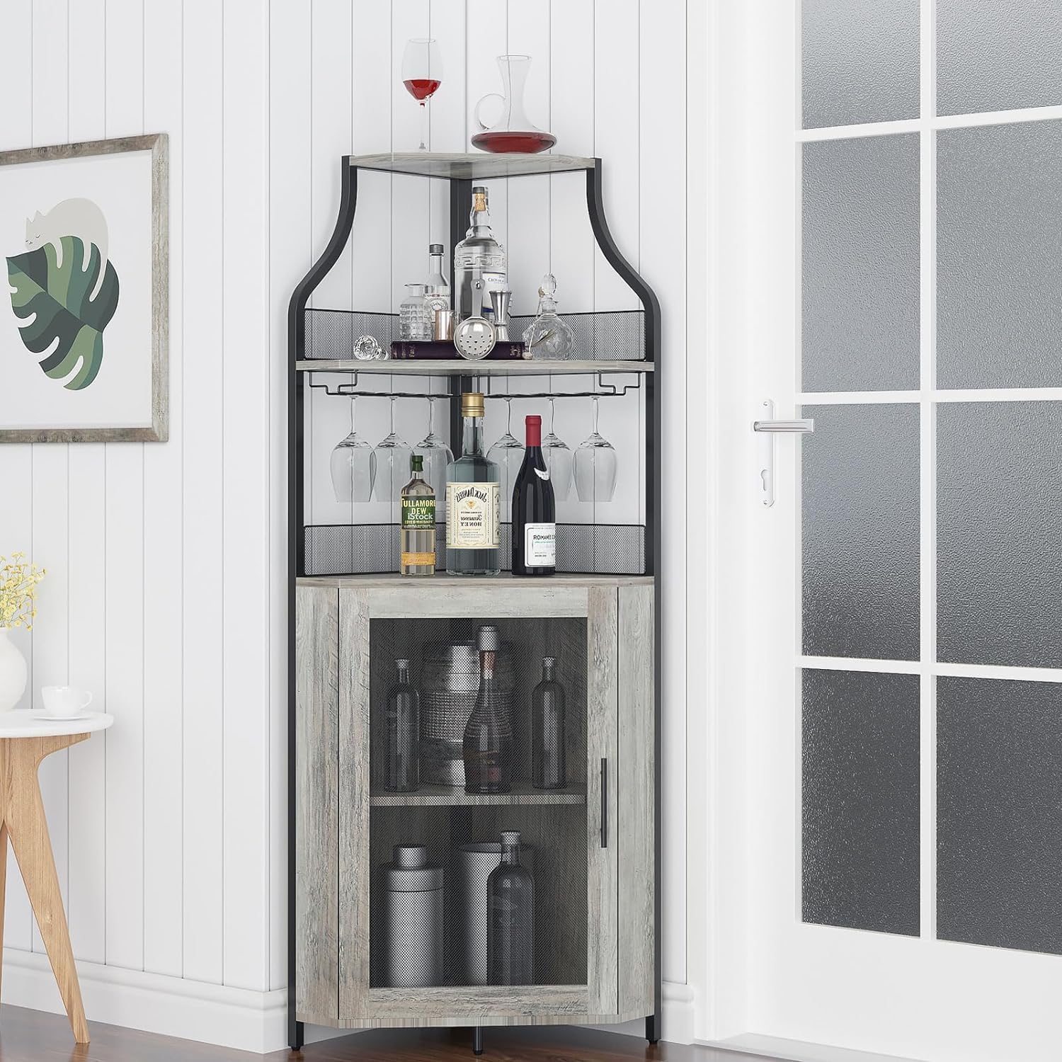 IDEALHOUSE Corner Wine Bar Cabinet with Large Storage Space and Detachable Wine Rack, Bar Cabinet with Glass Holder and Mesh Door, 4-Tier Liquor Cabinet Bar, Grey