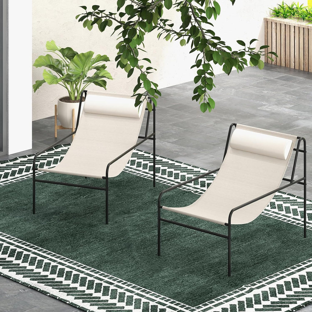 Giantex Patio Sling Lounge Chair Set of 2, Modern Sling Accent Chair with Removable Headrest Pillow, Heavy-Duty Metal Frame, Breathable Seat Fabric, Leisure Chair for Indoor Outdoor, 350 lbs Max Load