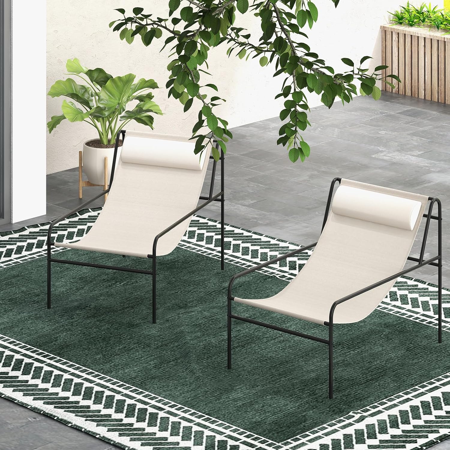 Giantex Patio Sling Lounge Chair Set of 2, Modern Sling Accent Chair with Removable Headrest Pillow, Heavy-Duty Metal Frame, Breathable Seat Fabric, Leisure Chair for Indoor Outdoor, 350 lbs Max Load