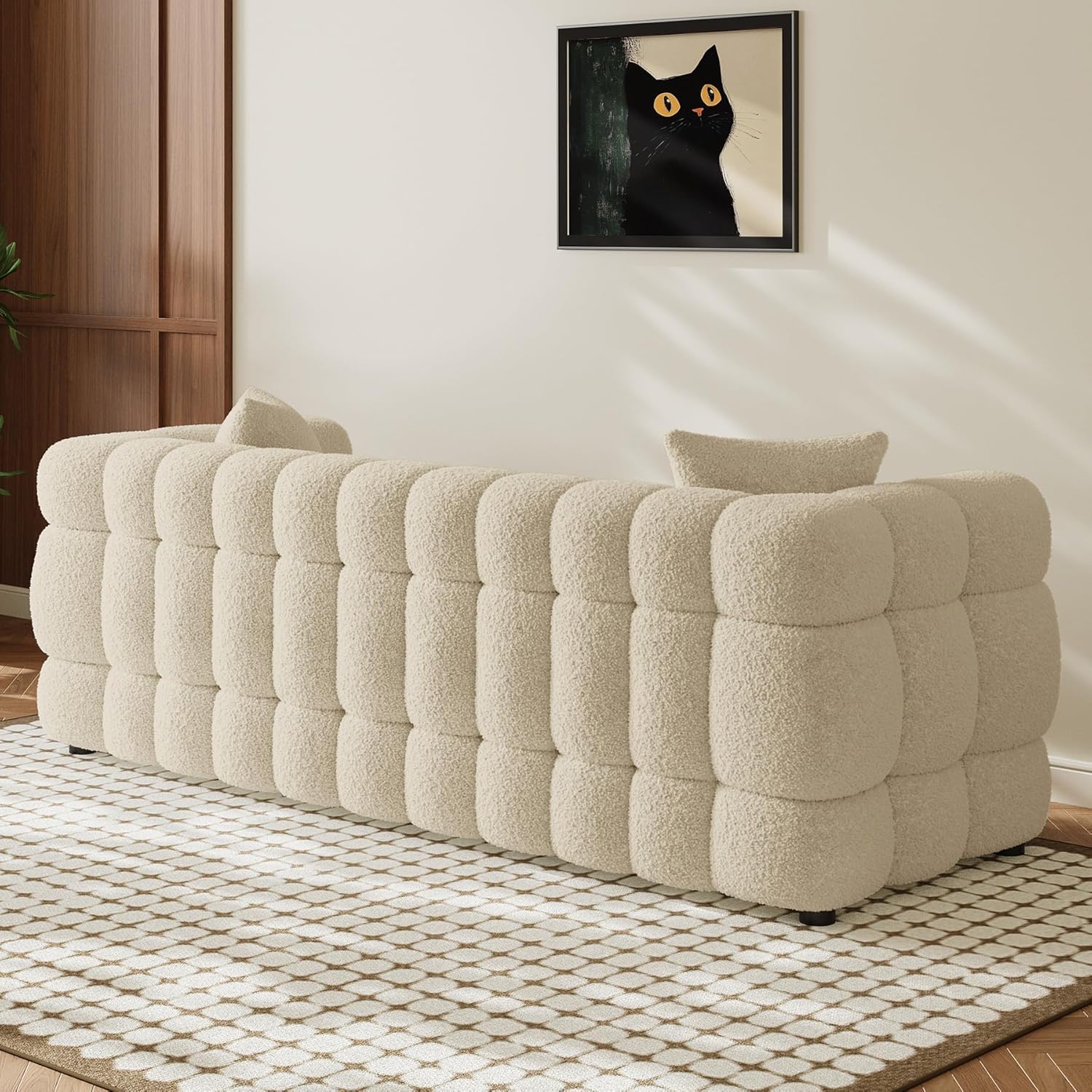 Wrofly Boucle Sofa Couch, 74.8" Comfy Upholstered Sherpa Sofa, Tufted Cozy 3-Seater Deep Seat Cloud Couch, Modern Oversized Loveseat with 2 Pillows for Living Room Apartment Office, Light Brown