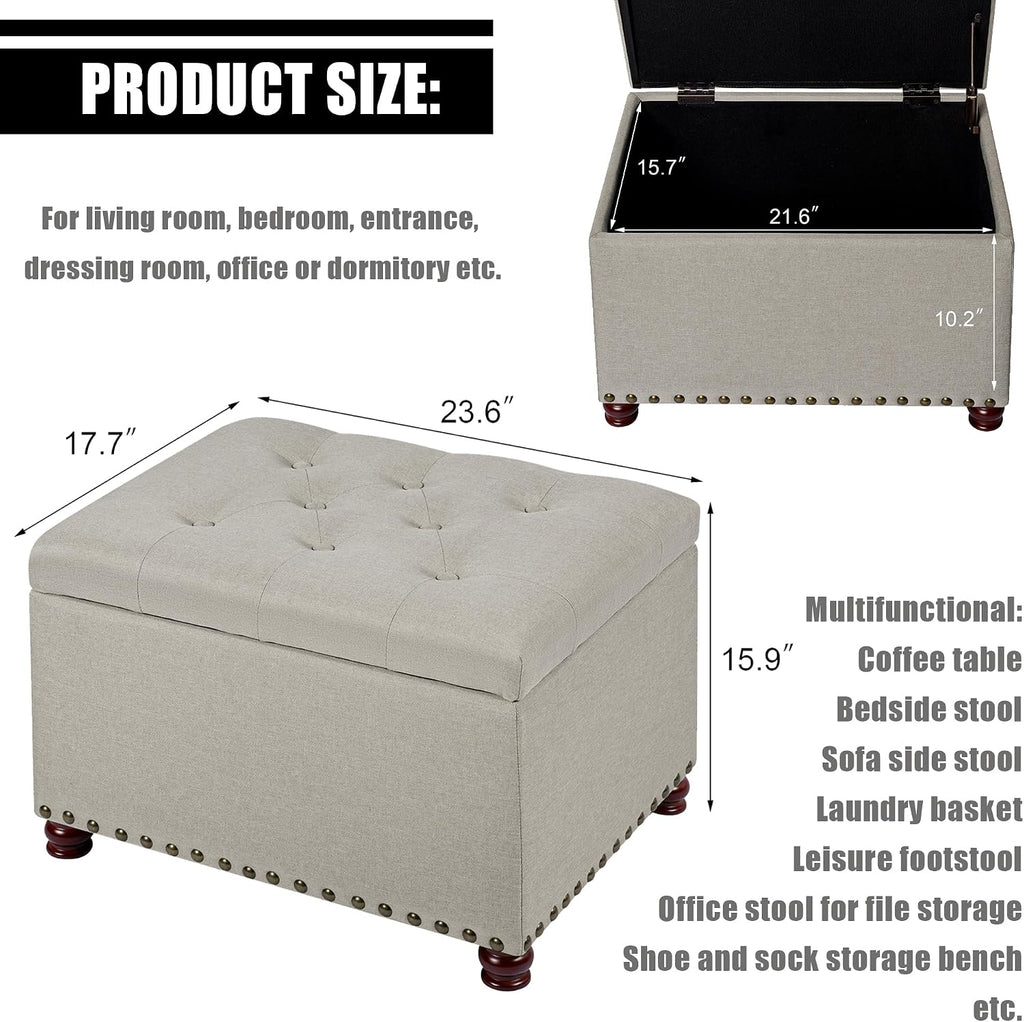 Storage Ottoman, 24" Linen Fabric Rectangle Bench Foot Rest Stool, Fabric Footrest Ottomans with Storage, Storages Seats for Living Room, Bedroom, Office