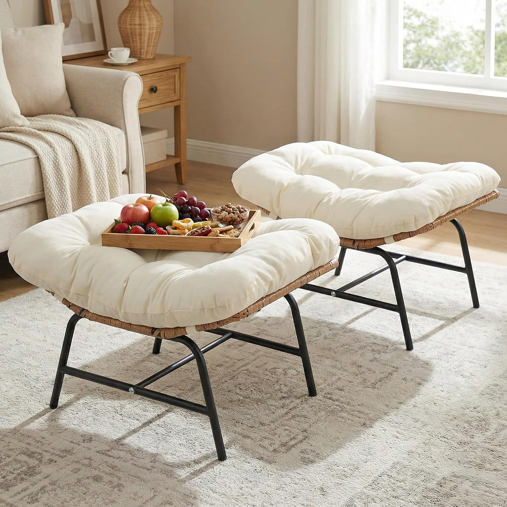RADIATA Ottoman Set of 2 for Patio, Cushioned Wicker Footstool Ottomans, Rattan Foot Rest for Outdoor Chair Egg Chair, 2-in-1 Foot Stool for Living Room Bedroom Porch Deck Garden Balcony, Beige