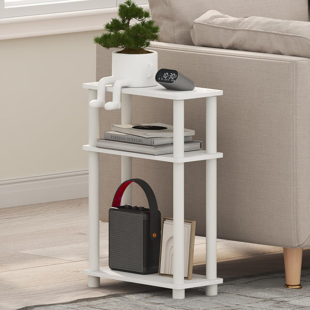 Furinno Turn-N-Tube Narrow Side Table, 3-Tier Rectangular Modern End Table with Storage Shelf, Slim Toolless Assembly Nightstand, Night Stand, Bedside Table, for Living Room, Bedroom, White