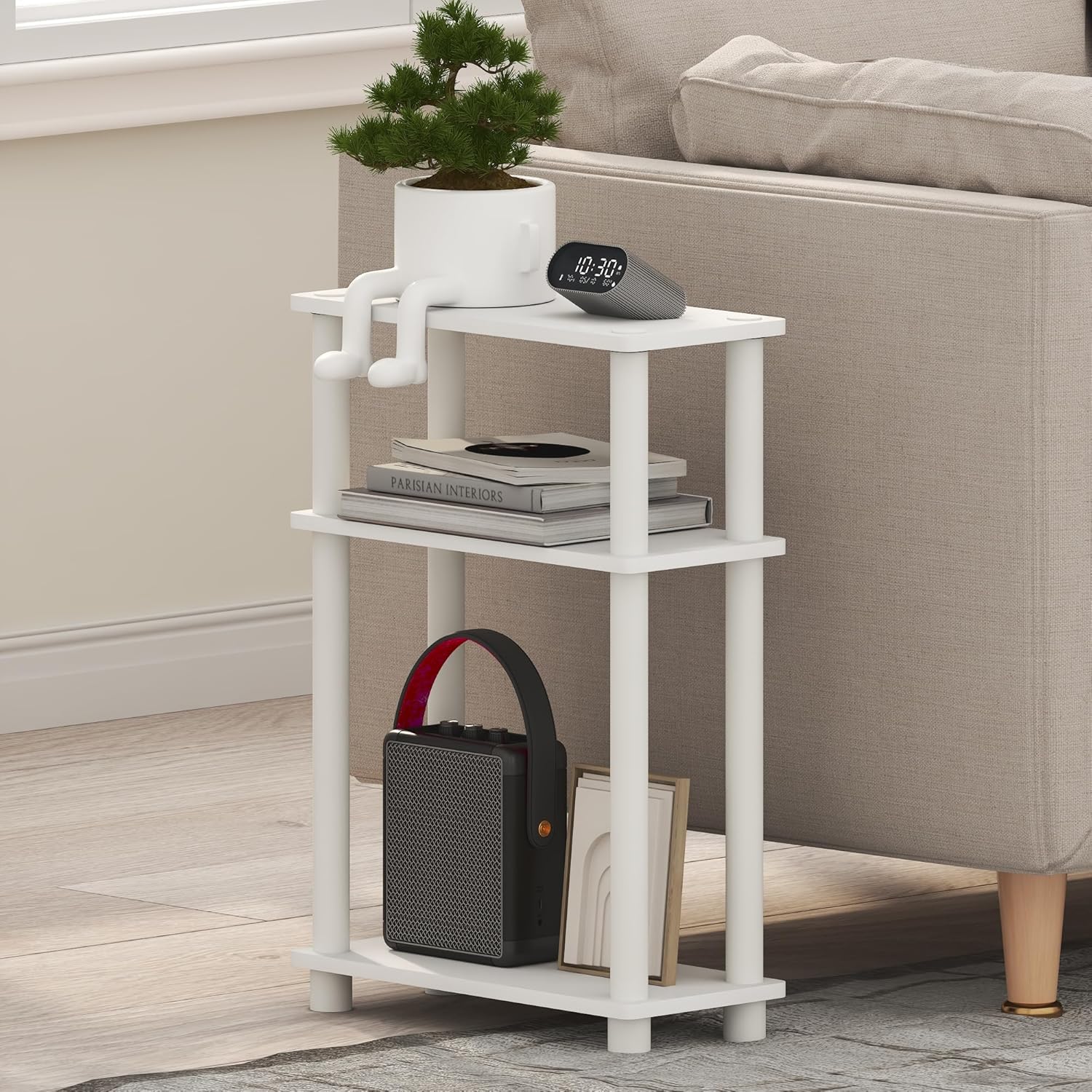Furinno Turn-N-Tube Narrow Side Table, 3-Tier Rectangular Modern End Table with Storage Shelf, Slim Toolless Assembly Nightstand, Night Stand, Bedside Table, for Living Room, Bedroom, White