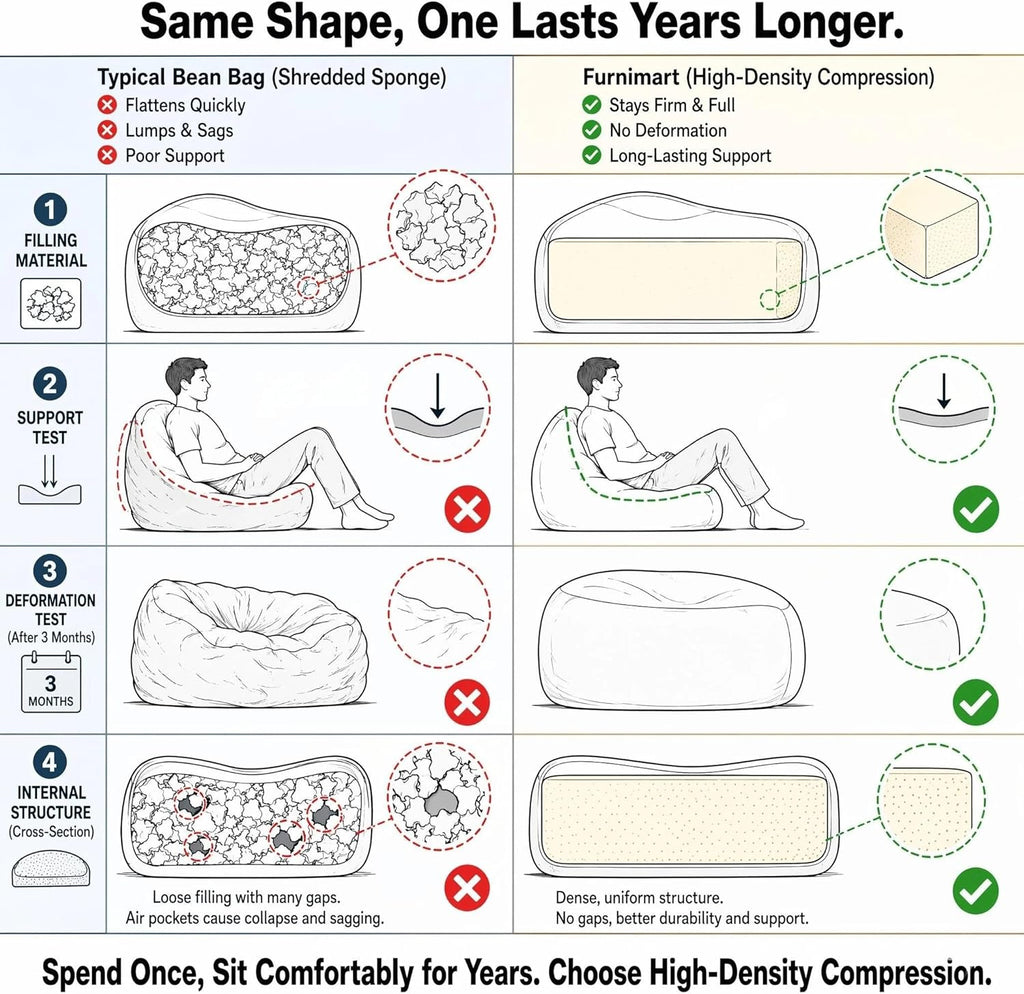 Furnimart High Density Foam Bean Bag Chair for Adults, XXL Boneless Floor Lounger with Ergonomic Back Support, No Sag Compression Foam, No Assembly, Washable Chenille Cover (Taupe)