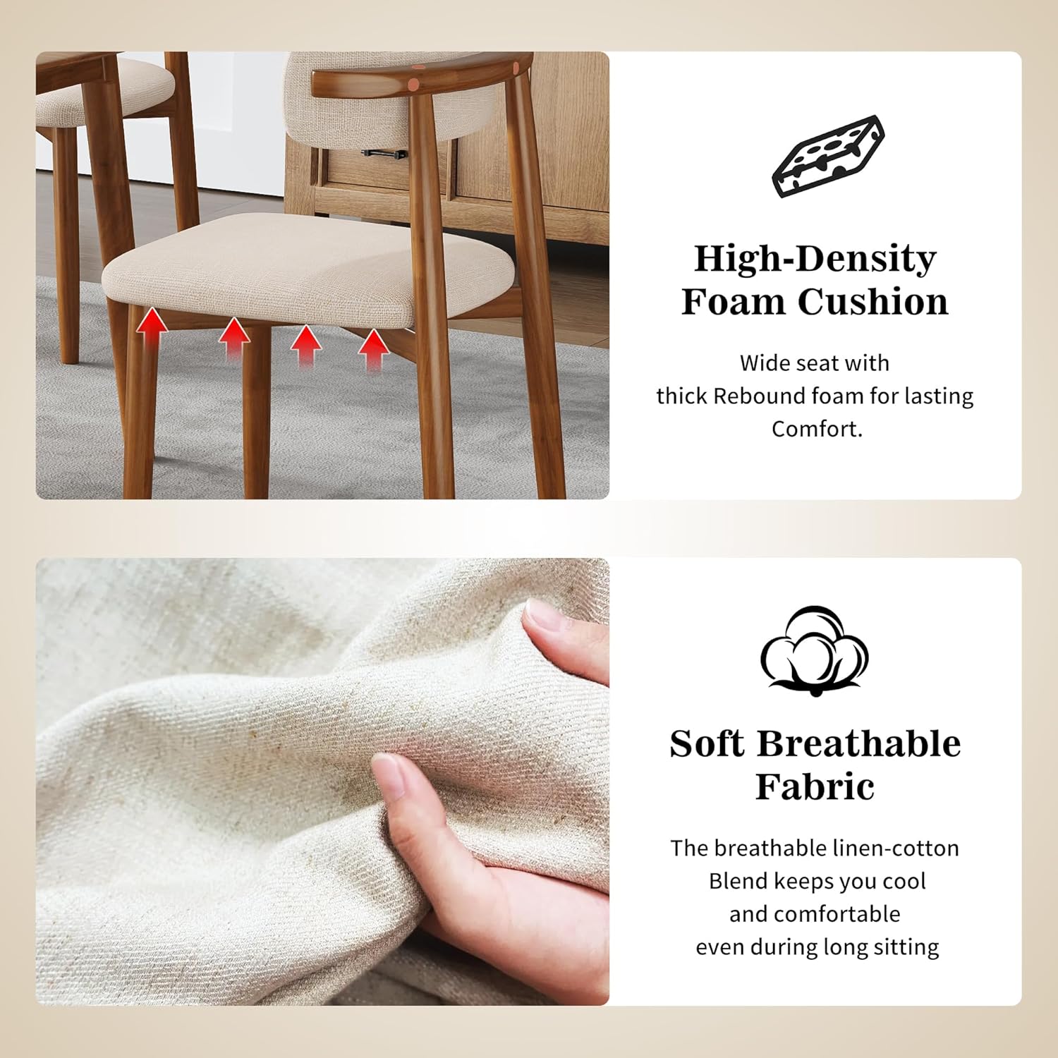 Wooden Dining Chairs Set of 4 Mid Century Modern Upholstered Farmhouse Dining Room Chair with Solid Wood Legs, Fabric Kitchen Side Chairs with Ergonomic Curved Backrest
