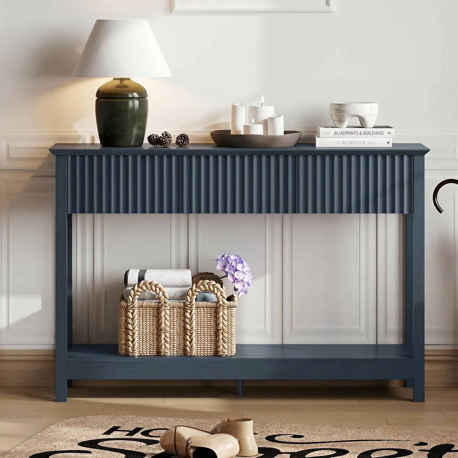 Treocho 47" Fluted Console Table with 3 Drawers, Narrow Long Entryway Table with Storage and Shelf, 2-Tier Sofa Table Behind Couch Accent Tables for Entrance Foyer, Hallway, Living Room, Blue