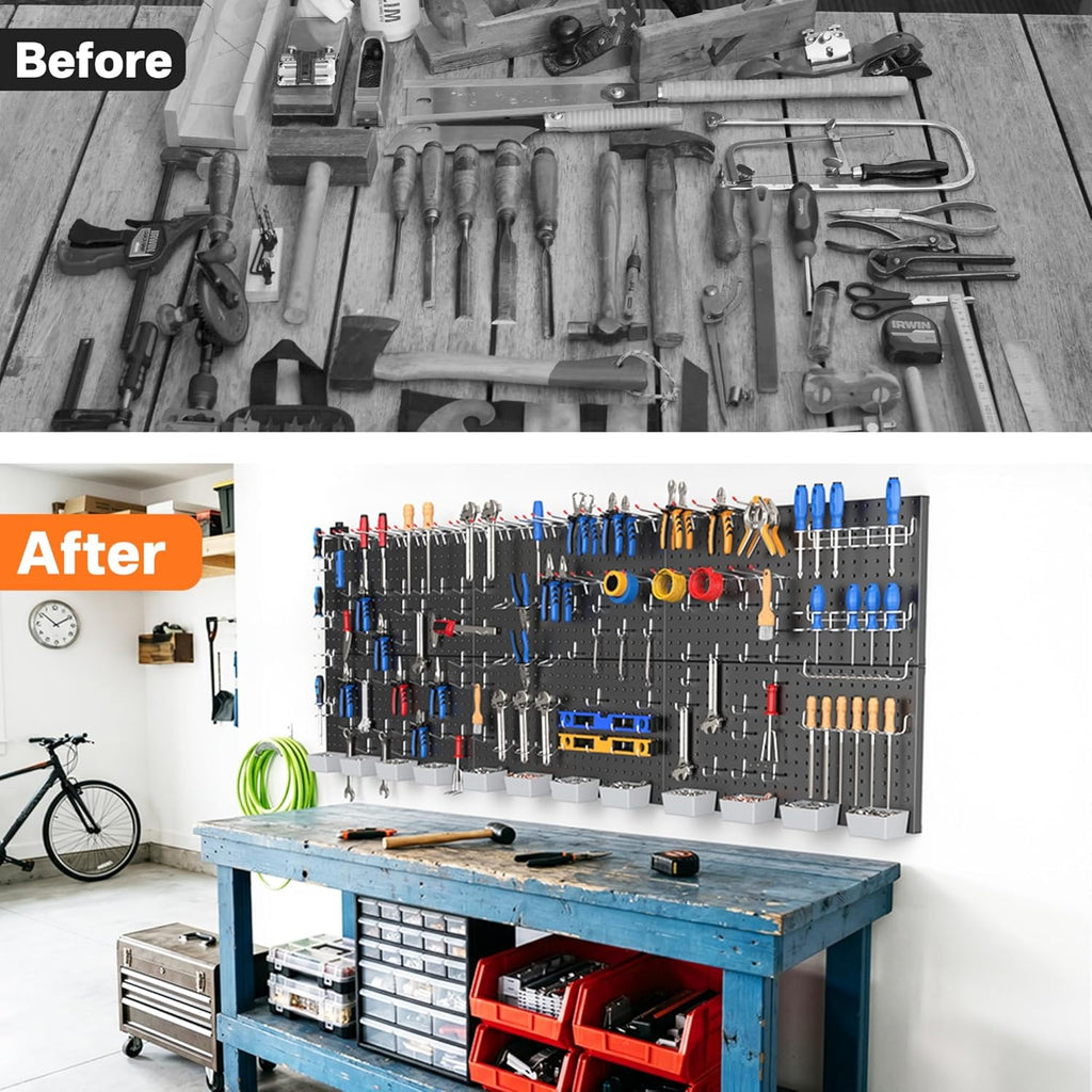 TORACK Garage Tools Organizer Boards Kit with Hooks, Wall Mount Tool Storage Pegboard Modular Peg Boards with Pegs(Black)