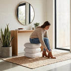 Get Set Style 360° Swivel Linen Ottoman, Modern Upholstered Foot Stool, Multifunctional Vanity Chair Accent Stool for Small Space, Living Room, Bedroom, Entryway, Warm Ivory