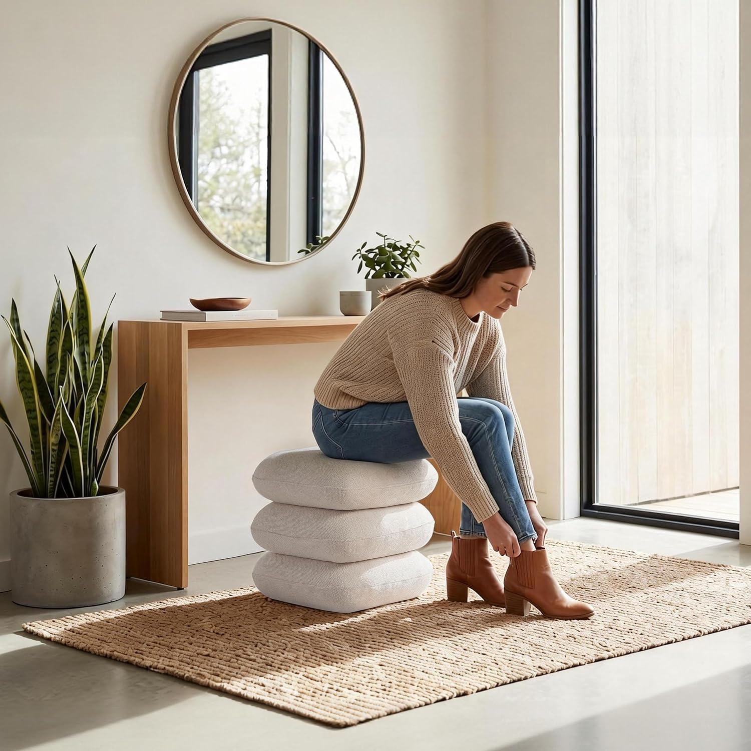 Get Set Style 360° Swivel Linen Ottoman, Modern Upholstered Foot Stool, Multifunctional Vanity Chair Accent Stool for Small Space, Living Room, Bedroom, Entryway, Warm Ivory