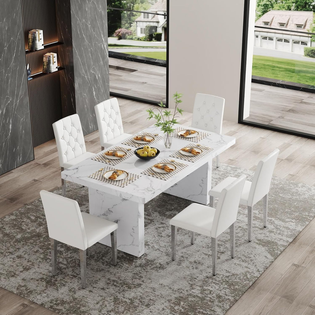 63" Dining Table Set for 6, White Faux Marble Dining Room Table and 6 PU Leather Chairs with Silver Metal Legs, Easy Assembly Kitchen Dining Set for Home, Apartment