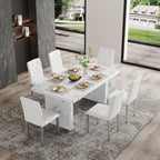 63" Dining Table Set for 6, White Faux Marble Dining Room Table and 6 PU Leather Chairs with Silver Metal Legs, Easy Assembly Kitchen Dining Set for Home, Apartment