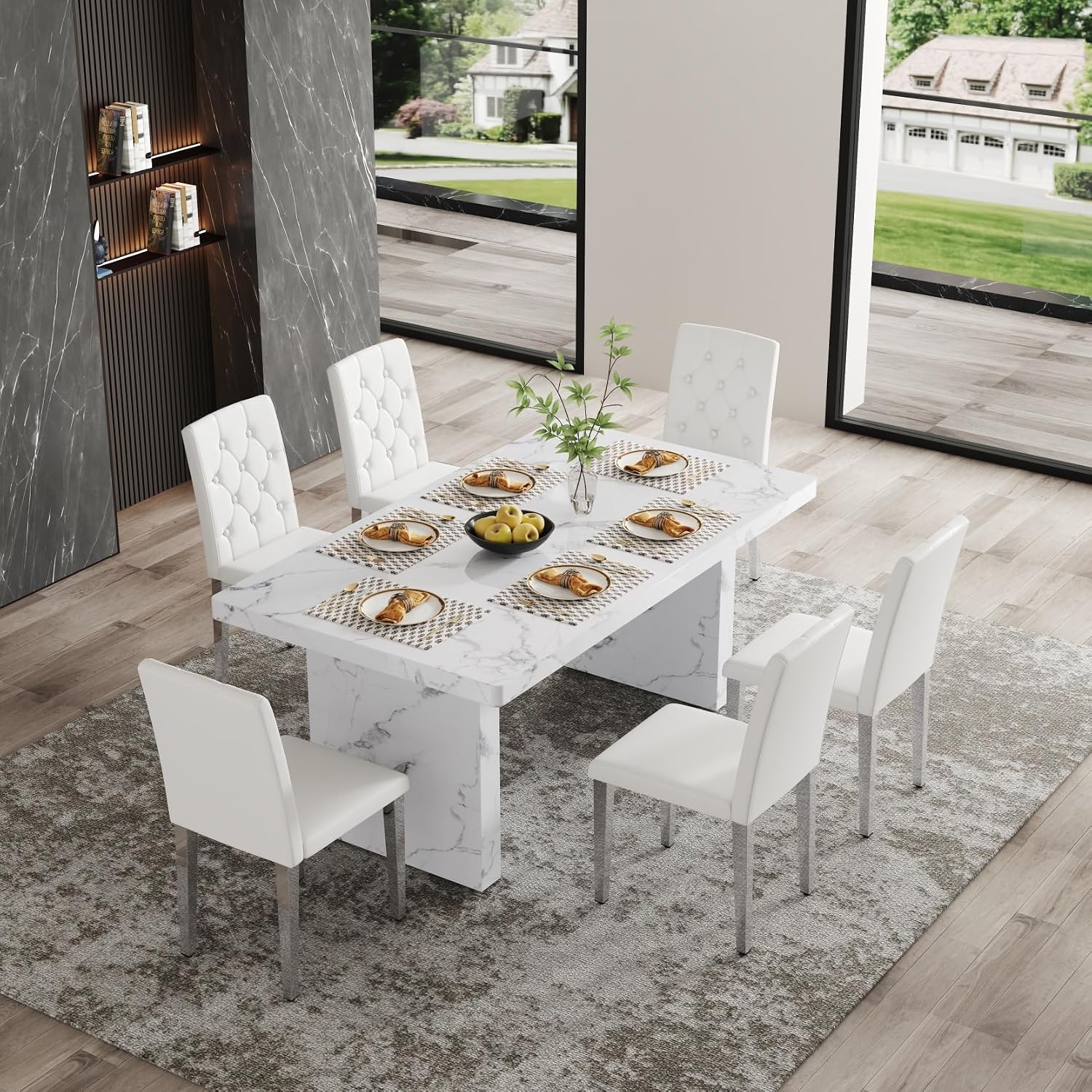 63" Dining Table Set for 6, White Faux Marble Dining Room Table and 6 PU Leather Chairs with Silver Metal Legs, Easy Assembly Kitchen Dining Set for Home, Apartment
