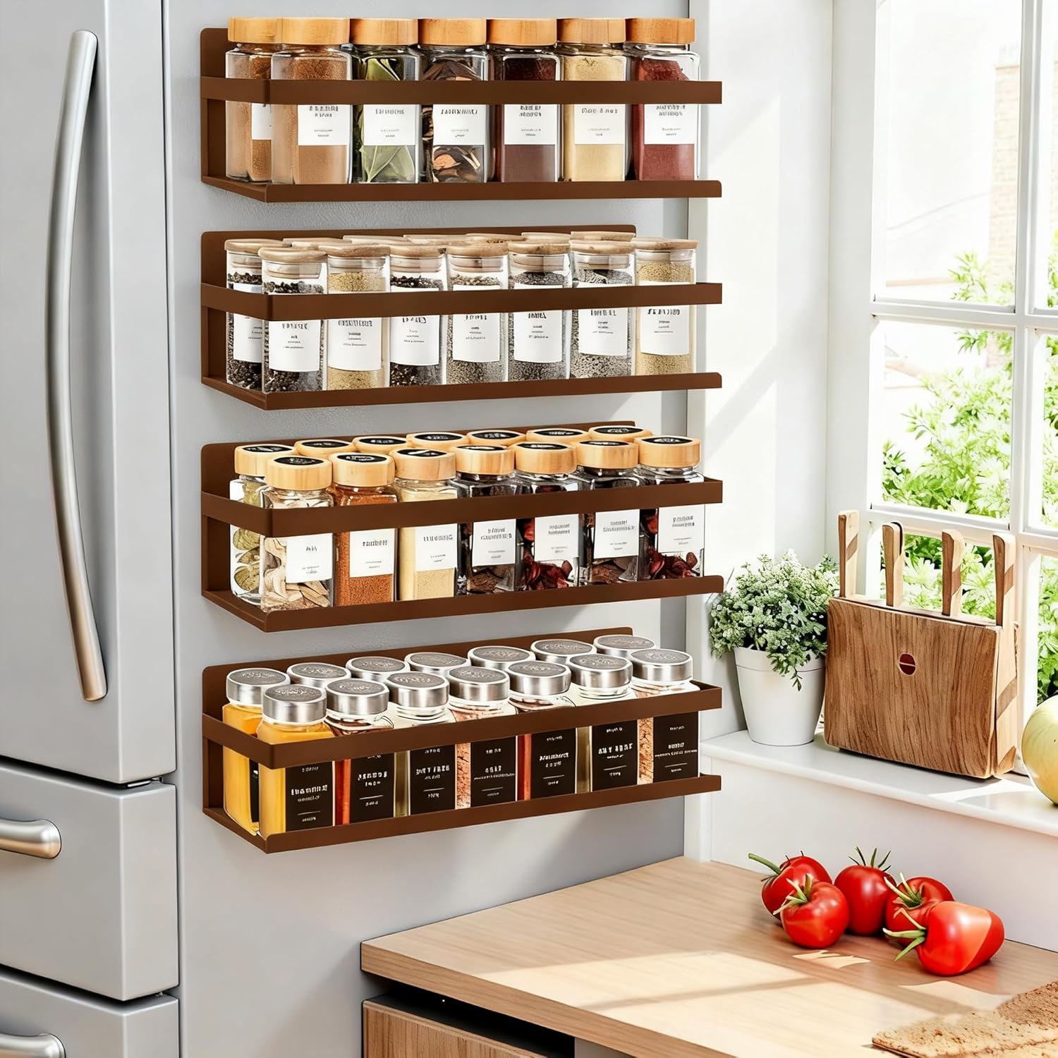 SMRCAD Magnetic Spice Rack for Refrigerator, 4pack Magnetic Shelf for Fridge Space Saving Seasoning Organizer for Any Metal Surface No Drilling Needed (Bronze -cut out, 4pack)
