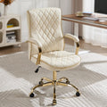 Beige and Gold Office Desk Chair,Conference Room Chairs,Mid Back Vintage Executive Leather Chair,Ergonomic Computer Swivel Chair with Rocking Function and Padded Arms,Adjustable Height