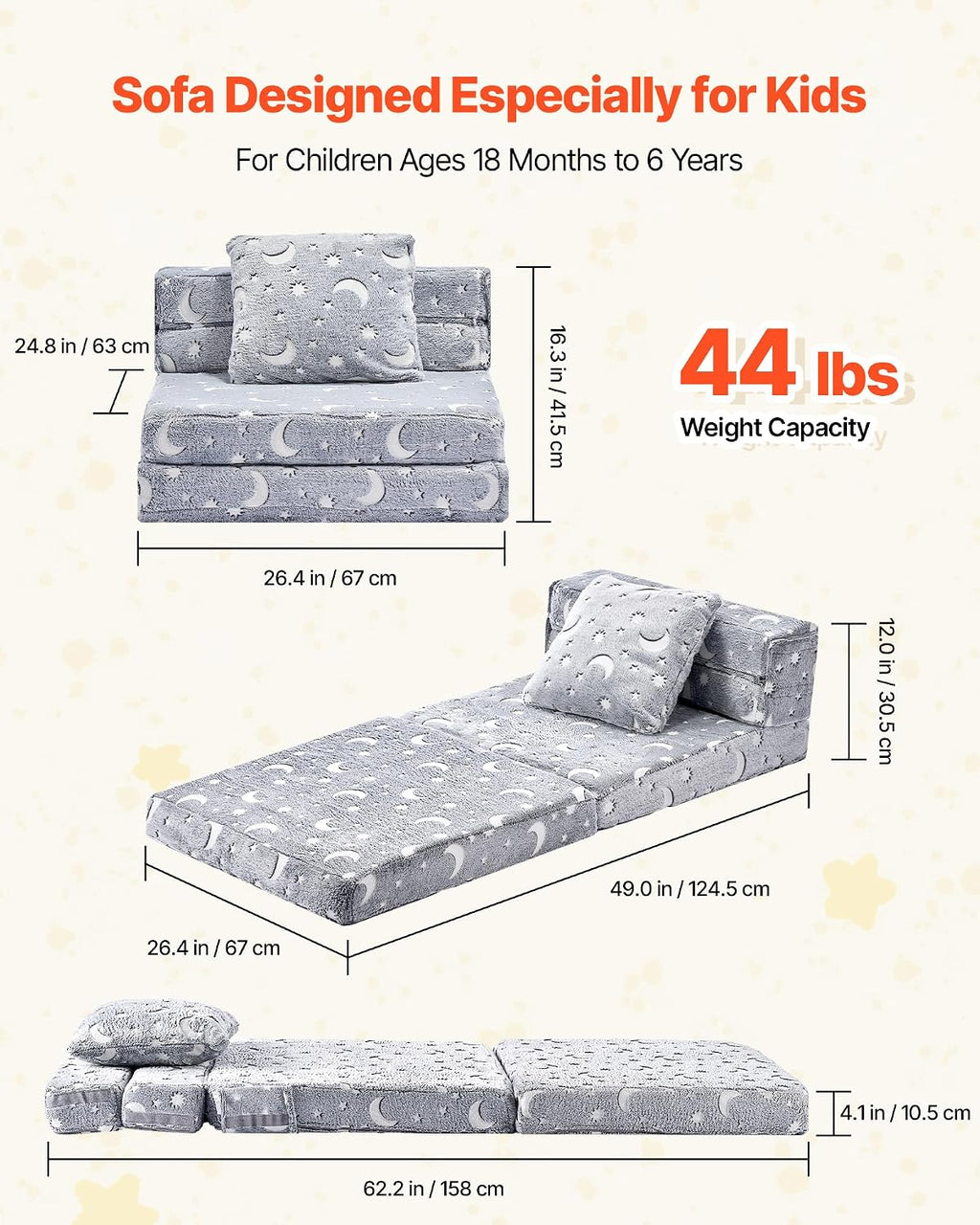 VEVOR 3-in-1 Kids Sofa, Foldable Toddler Soft Couch, Glow in The Dark Kids Couch Fold Out with 28D Sponge & Flannel Fabric, Convertible Toddler Chair to Lounger for Reading, Playing, Gaming, M, Gray