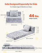 VEVOR 3-in-1 Kids Sofa, Foldable Toddler Soft Couch, Glow in The Dark Kids Couch Fold Out with 28D Sponge & Flannel Fabric, Convertible Toddler Chair to Lounger for Reading, Playing, Gaming, M, Gray