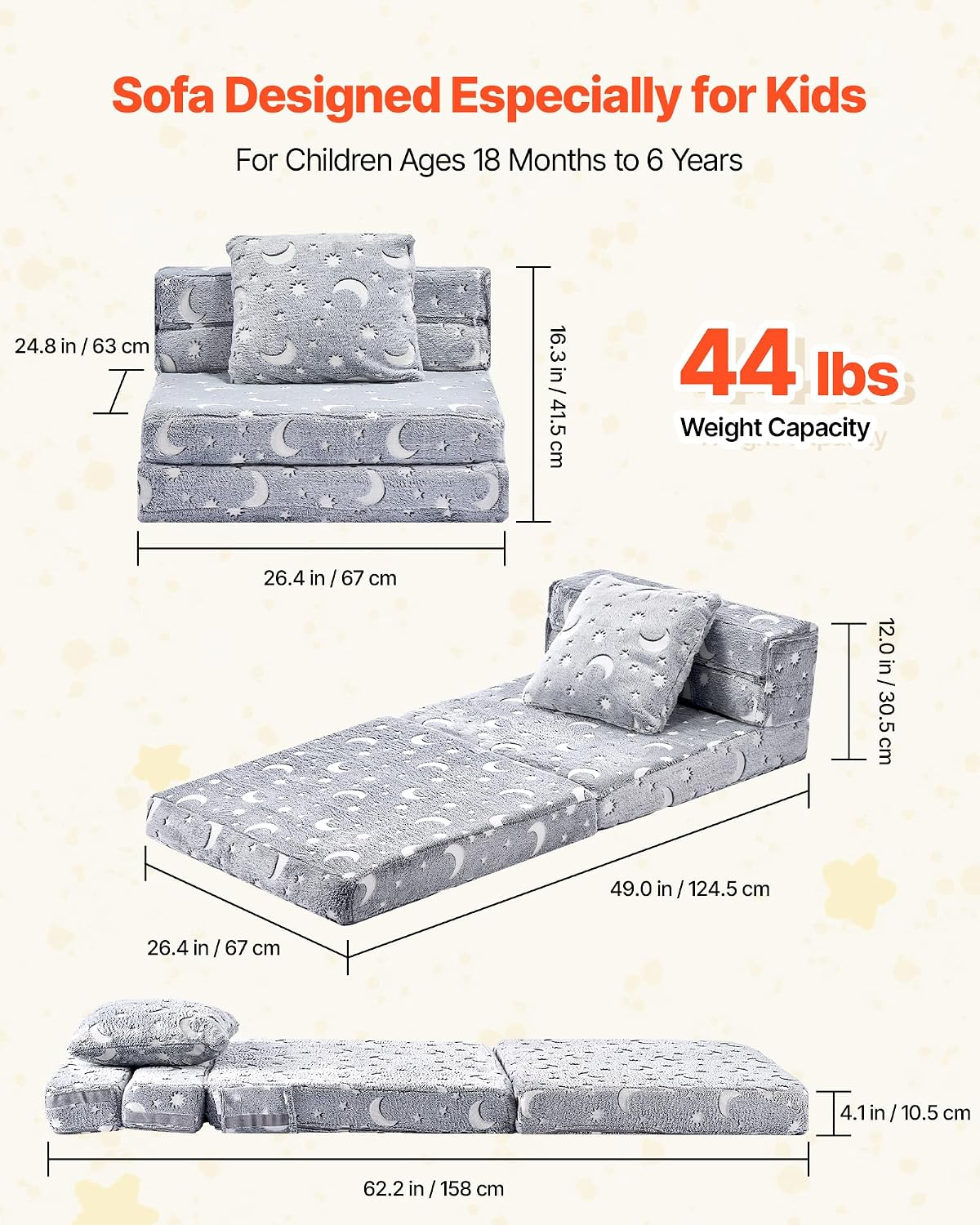 VEVOR 3-in-1 Kids Sofa, Foldable Toddler Soft Couch, Glow in The Dark Kids Couch Fold Out with 28D Sponge & Flannel Fabric, Convertible Toddler Chair to Lounger for Reading, Playing, Gaming, M, Gray