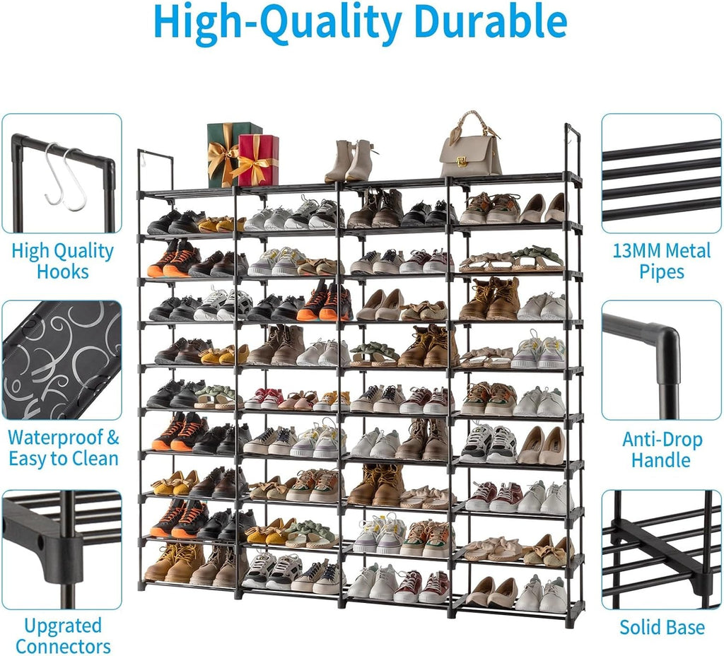 10 Tiers Metal Shoe Rack Organizer, 80 Pairs Large Capacity Shoe Storage Shelf with Side Hooks Adjustable PP Shelves Tool-Free Assembly Black Shoe Stand for Entryway Closet Garage Dorm